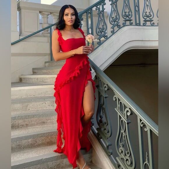 House of CB Ruffle Jellyfish Summer Maxi Dress XS - Red - Picture 1 of 8